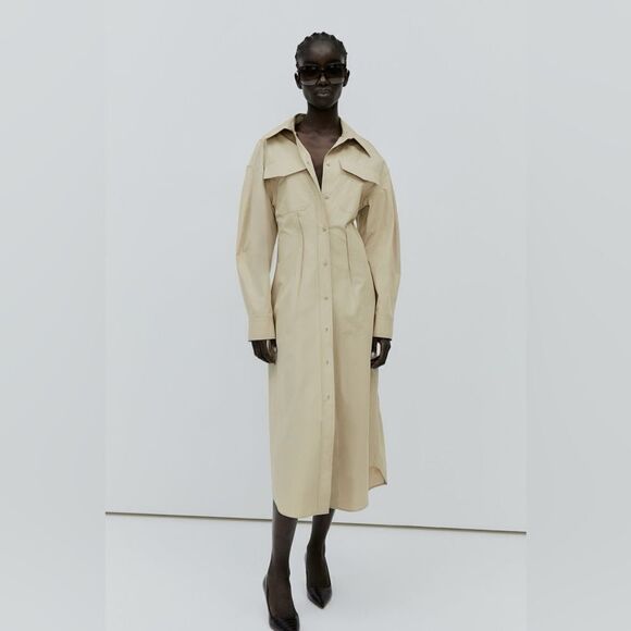 H&M Cotton Shirt Dress Beige New - Picture 5 of 7